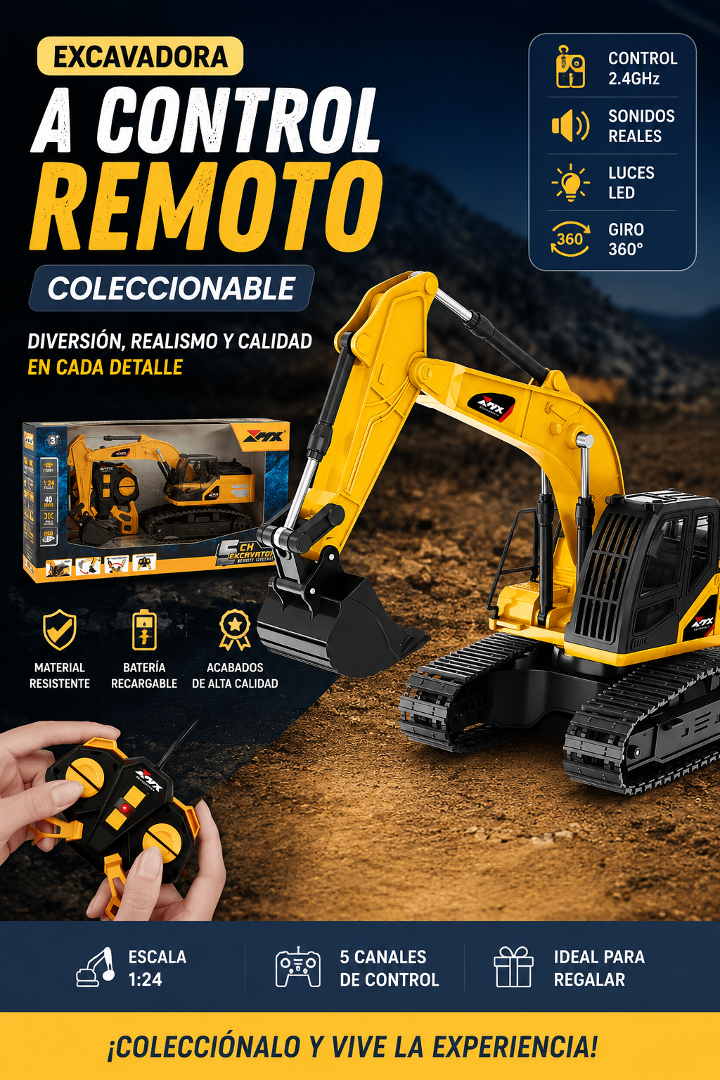 🚜✨ Excavadora a Control Remoto Coleccionable